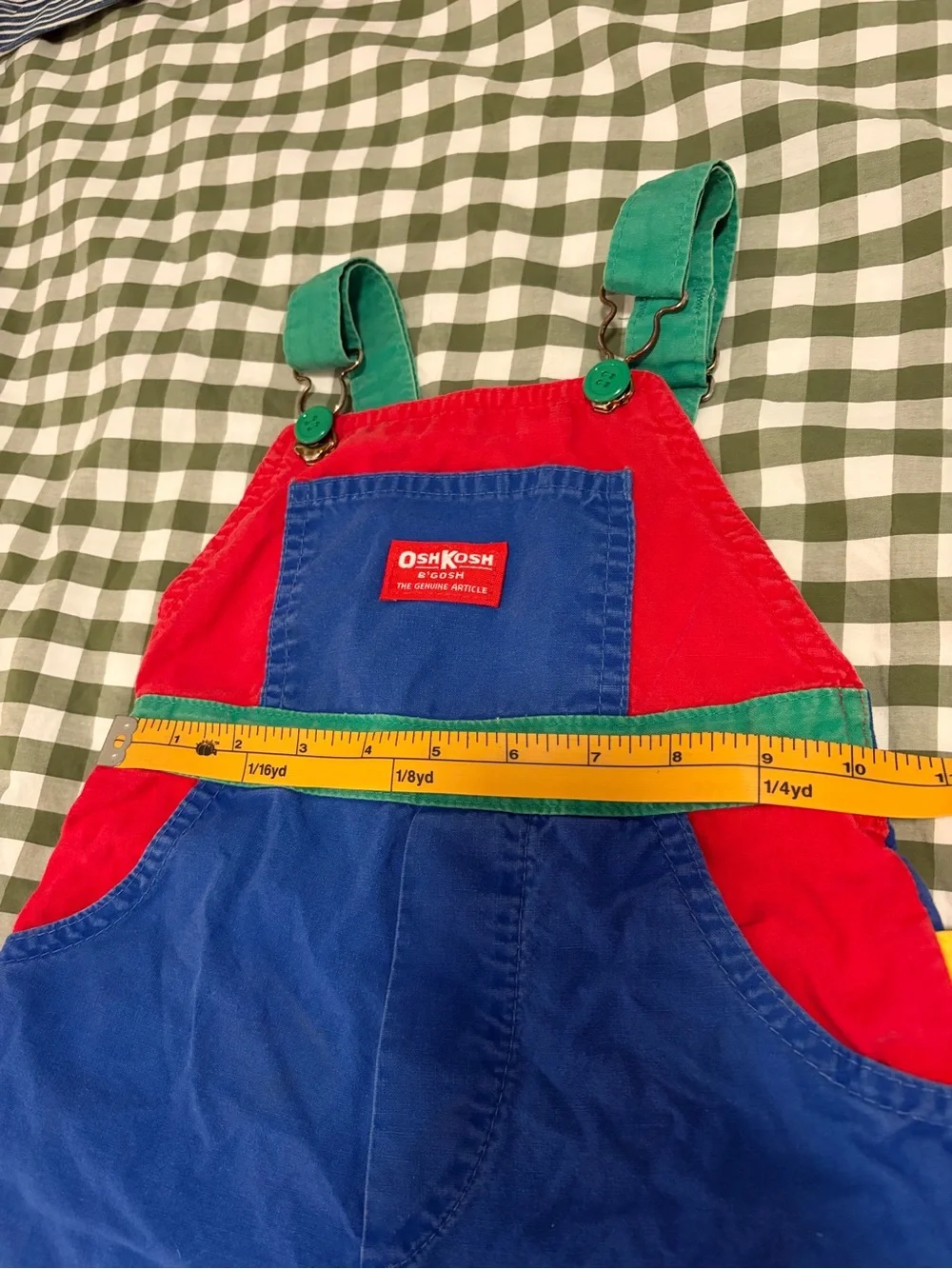 Vintage OshKosh B'gosh Bright Blue Short Overalls with Red & Green Accents